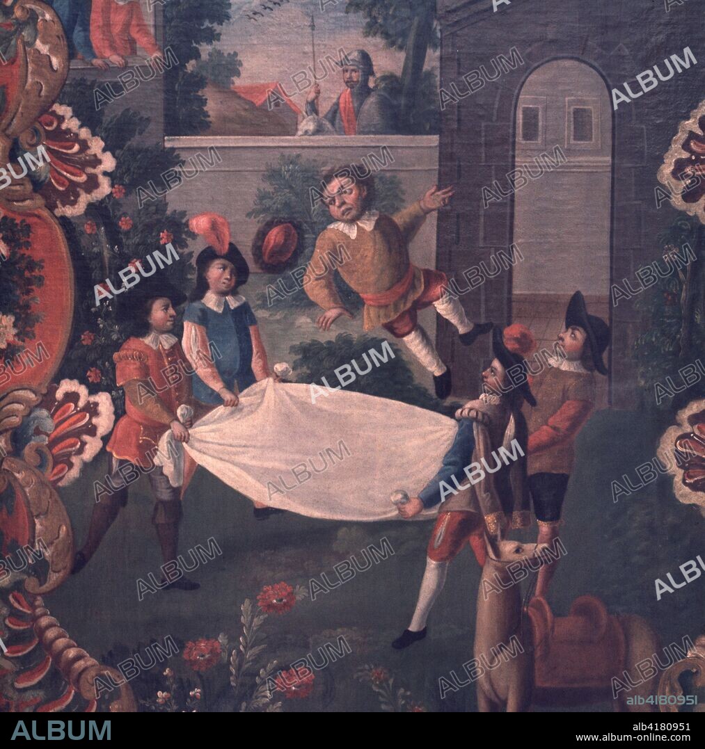 MIGUEL DE CERVANTES ESCRITOR ESPAÑOL 1547-1616 ESCENA DE " DON QUIJOTE DE LA MANCHA ". MANTEO DE SANCHO PANZA PINTURA ANONIMA MEXICANA.