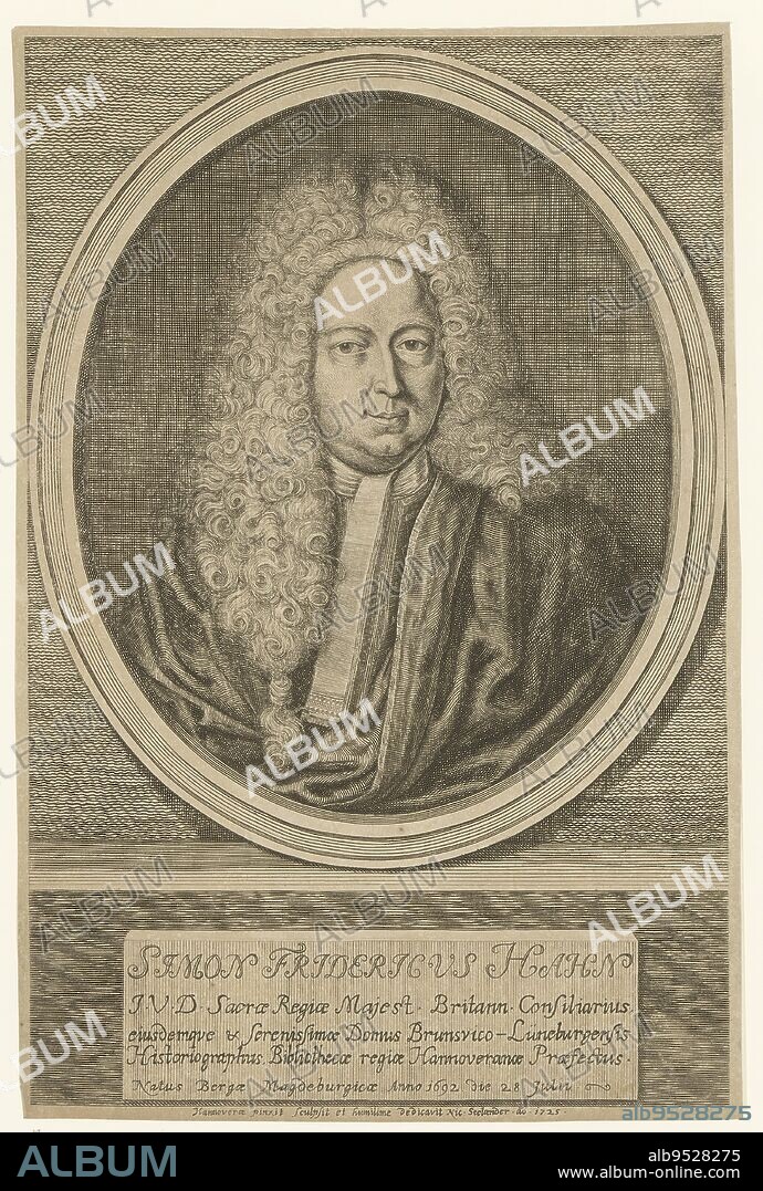 Portrait of Simon Friedrich Hahn, Nikolaus Seeländer, 1712 - 1744, print maker: Nikolaus Seeländer, (mentioned on object), Nikolaus Seeländer, (mentioned on object), Hannover, 1712 - 1744, paper, engraving, h 305 mm - w 204 mm.