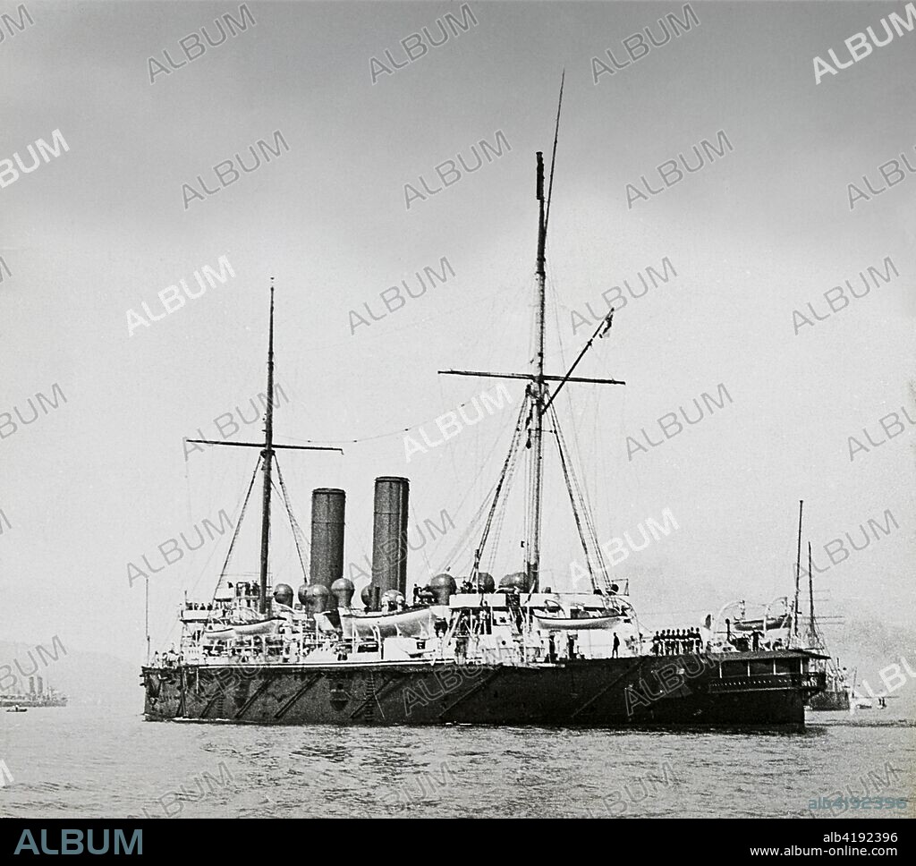 Naval battle ship HMS Hawke, a British warship, in world war one, Magic lantern slide.