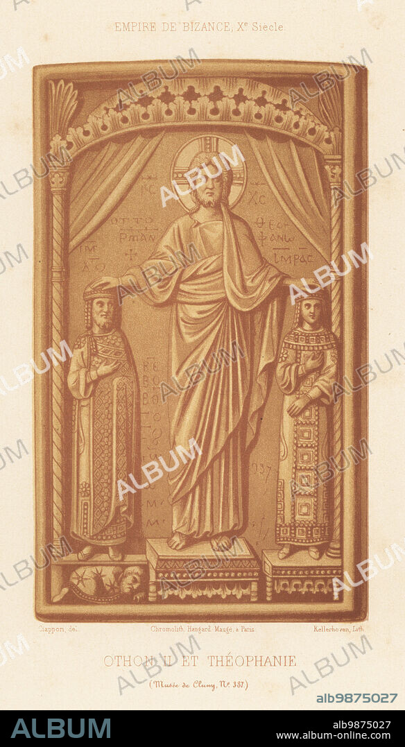 Holy Roman Emperor Otto II 955-983 and Byzantine Princess Theophanu 955-991 being crowned by Jesus Christ. Byzantine Empire, 10th century. Othon II et Theophanie, Empire de Bizance, Xe Siecle. Ivory book cover or part of diptych 337 in the Musee de Cluny. Chromolithograph by Franz Kellerhoven after an illustration by Claudius Joseph Ciappori from Charles Louandres Les Arts Somptuaires, The Sumptuary Arts, Hangard-Mauge, Paris, 1858.