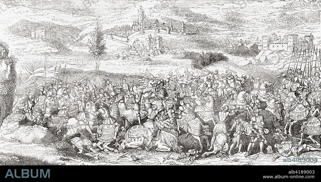 The Battle of the Spurs aka  Battle of Guinegate, France, 16 August 1513.  From Old England: A Pictorial Museum, published 1847.