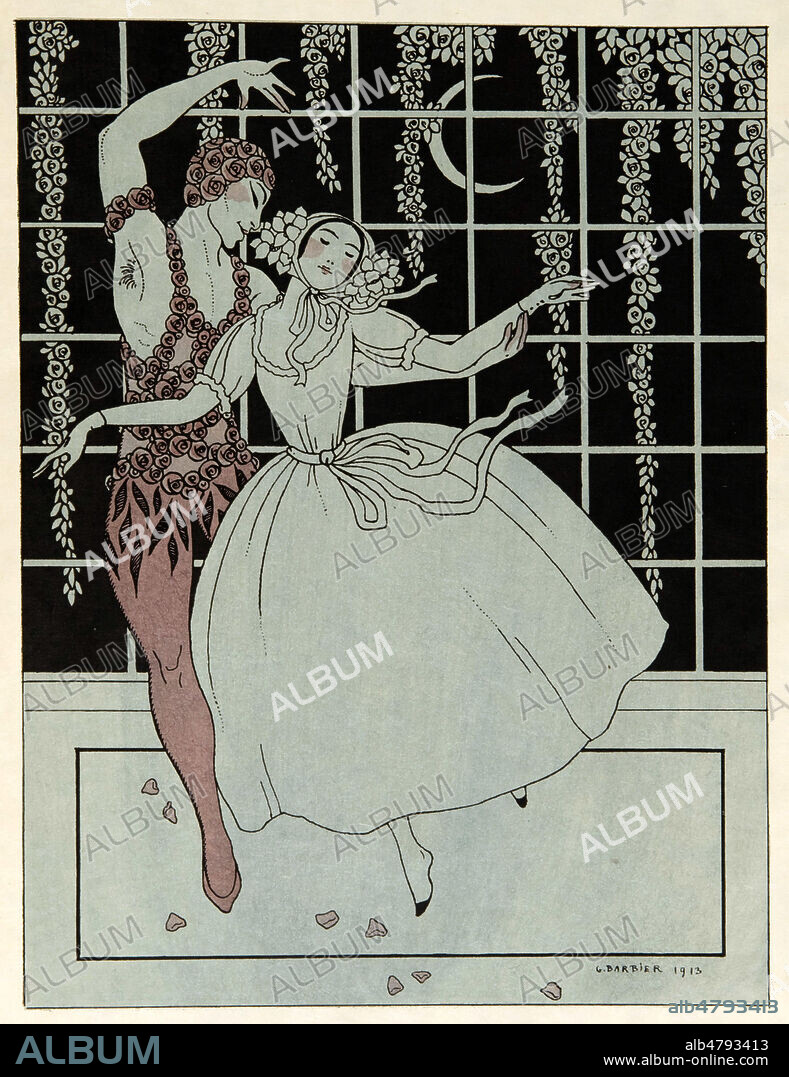 BALLET : LE SPECTRE DE LA ROSE, ballet russe commande par Diaghilev a WEBER, chroregraphie Michel FOKINE, costumes BAKST, cree en 1911 a l'opera de Monte Carlo, danseurs NIJINSKY et Tamara Karsavina. Inspire d'un poeme de Theophile GAUTIER. Illustration de Georges BARBIER (1882-1932) tiree d'un recueil sur les danses de Vaslav NIJINSKY (1889-1950) publie en 1913. Credit : Collection IM/KHARBINE-TAPABOR.