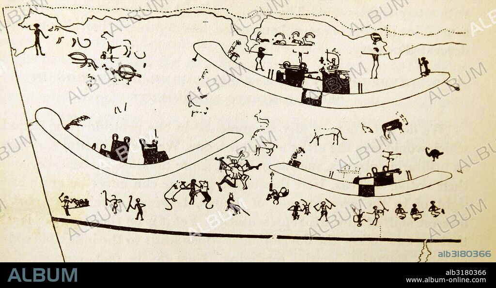 People, boats, and animals, copy of a wall painting, From Tomb 100 at Hierakonpolis, Egypt, Predynastic 3500-3200 BC.