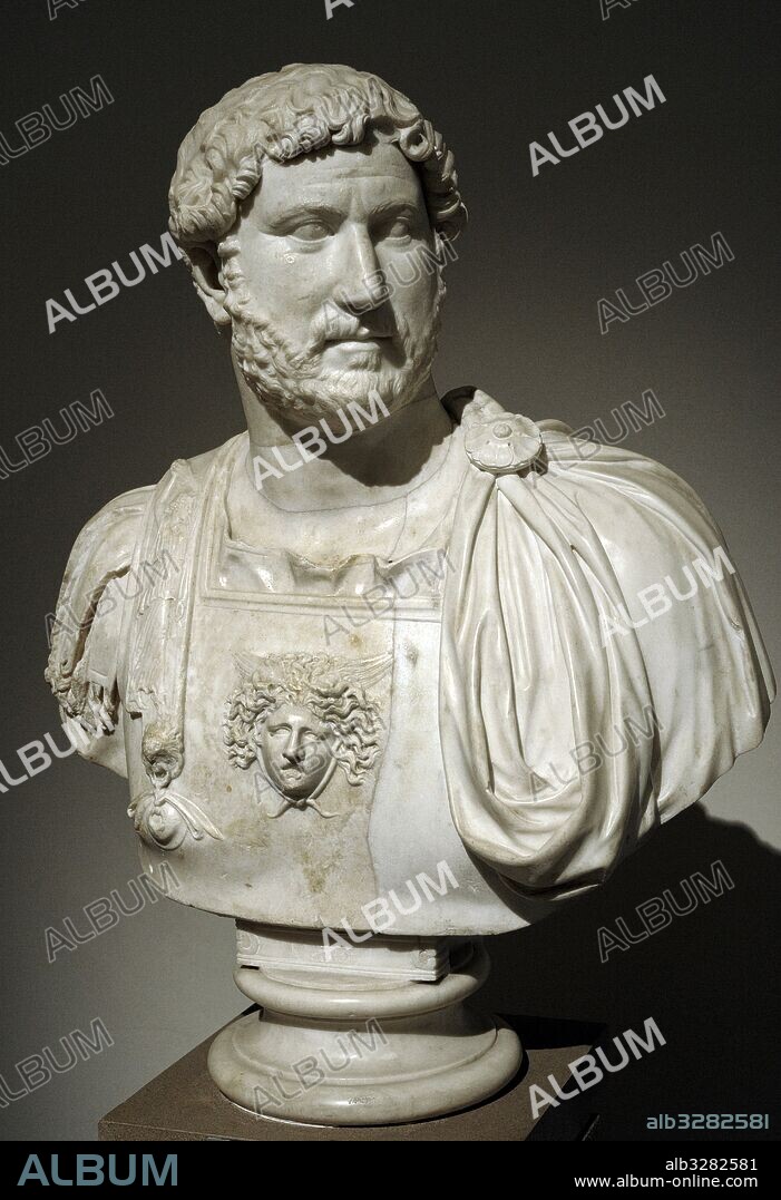 Hadrian (76-138). 14th Emperor of Roman Empire. Dyansty, Nervan-Antonine. Hadrian set in bust with cuirass, c. Ad 130. National Archaeological Museum, Naples. Italy.
