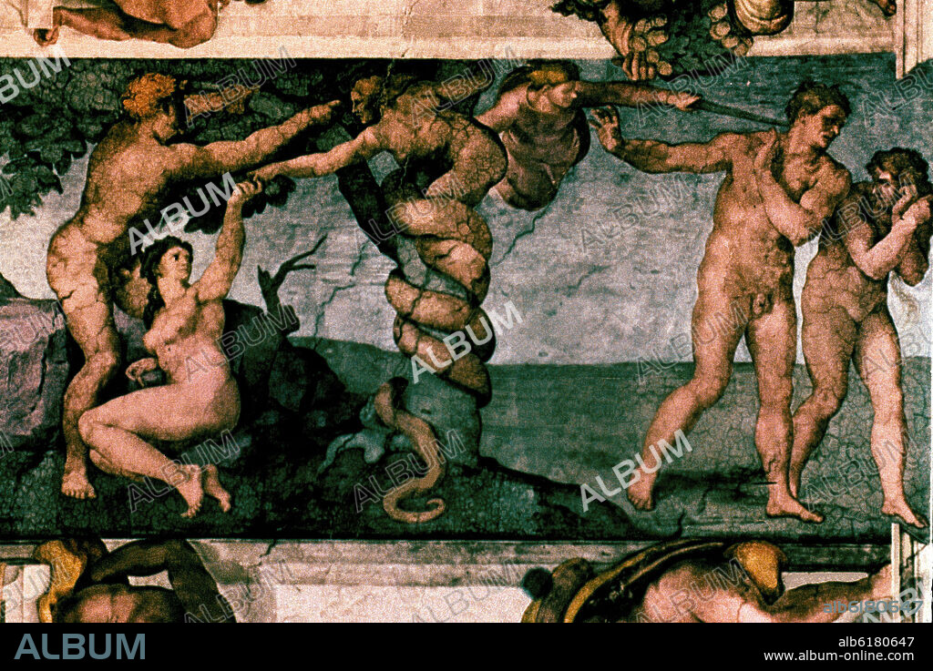 MICHELANGELO. PECADO ORIGINAL Y EXPULSION DEL PARAISO - S XVI - RENACIMIENTO ITALIANO.