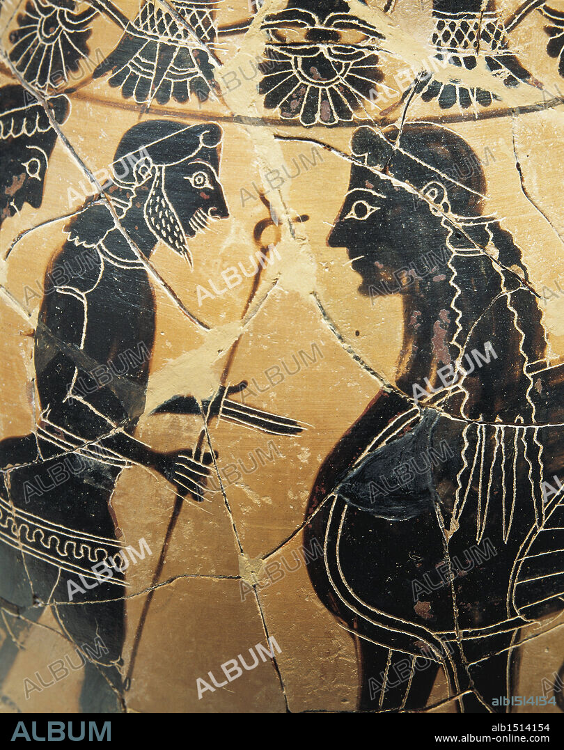 Greek civilization, 6th century b.C. Black-figure pottery. Attic oenochoe depicting Hermes, messenger of gods, between two sphinxs. Detail.