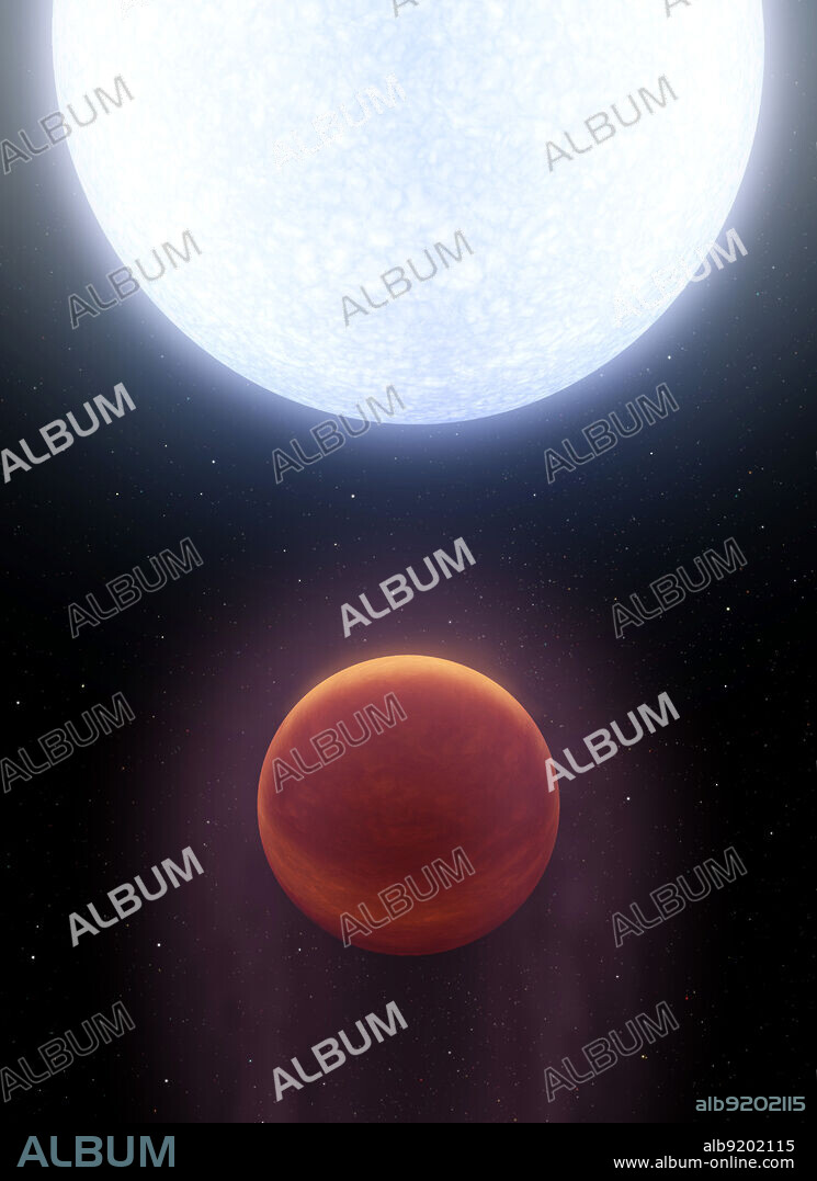 This artist's concept shows planet KELT-9b orbiting its host star, KELT-9. It is the hottest gas giant planet discovered to date. The planet is a so-called 'hot Jupiter', one of several varieties of exoplanets (planets around stars other than our Sun) found in our galaxy. It weighs in at nearly three times the mass of our own Jupiter and orbits a star about 670 light-years away. Its surface temperature is about 7,800 degrees Fahrenheit (4,300 degrees Celsius), making it the hottest exoplanet discovered to date.