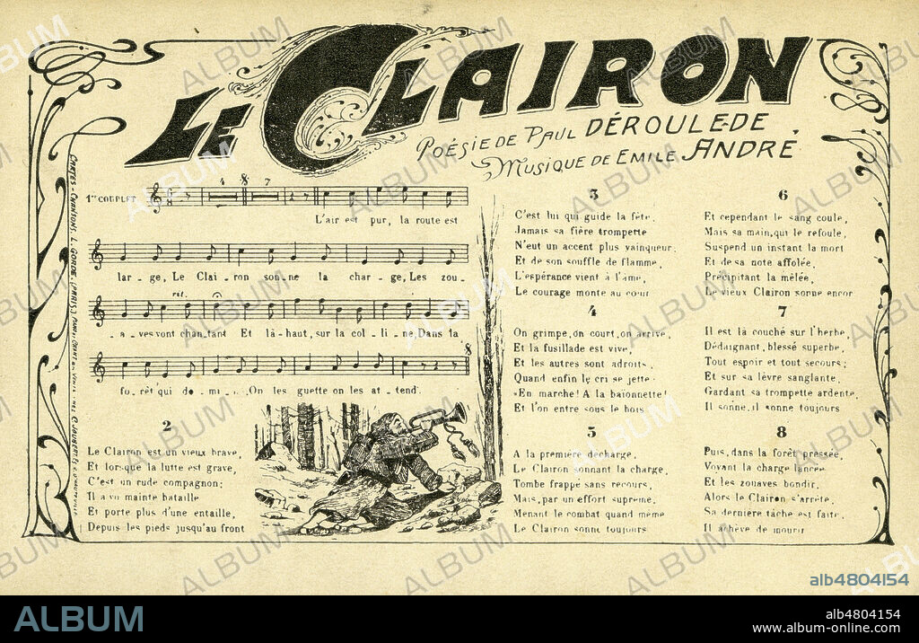 'Le Clairon, poesie de Paul Deroulede, musique de Emile Andre'. Partition et paroles d'une chanson militaire. Illustration anonyme pour une carte postale vers 1900. Credit : Collection IM/KHARBINE-TAPABOR.