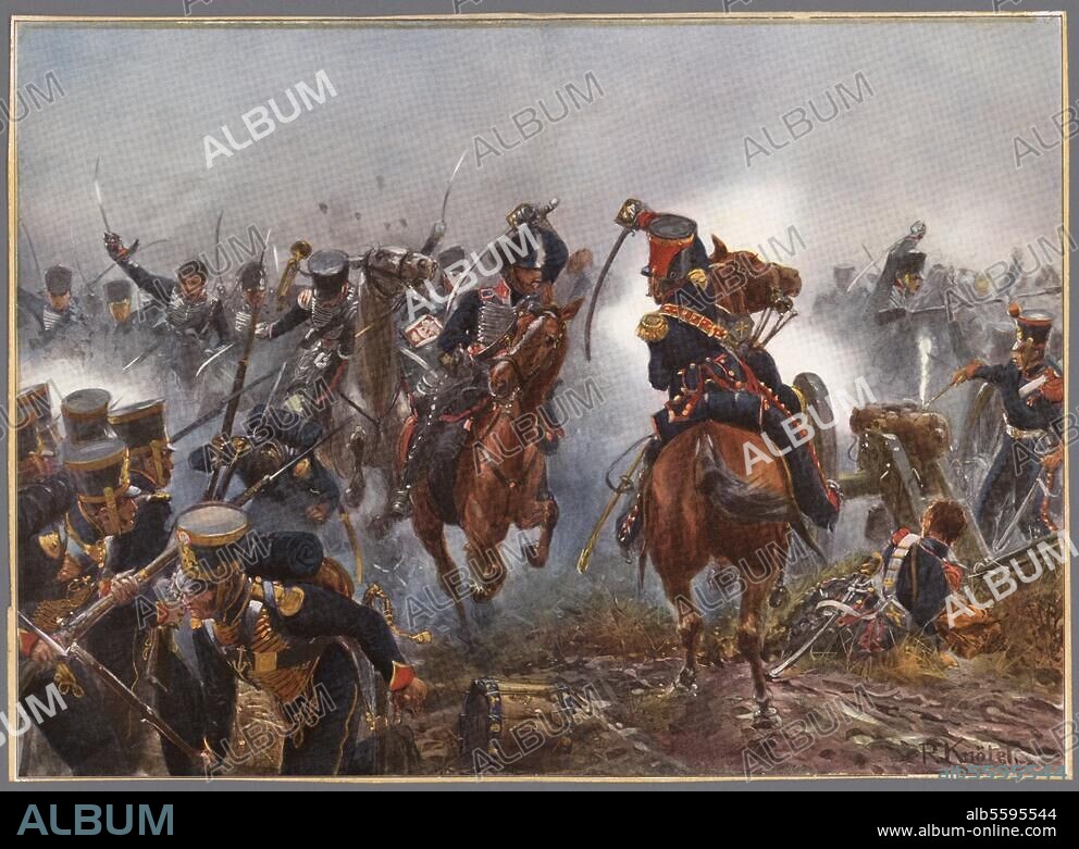 German Wars of Liberation 1813-15:. Battle of Nations near Leipzig, 16 to 19 October 1813. "The injured major von Sohr leading the Brandenburg hussars near Möckern, 16 October 1813". Colour print, c. 1900, after Richard Knötel (1857-1914).