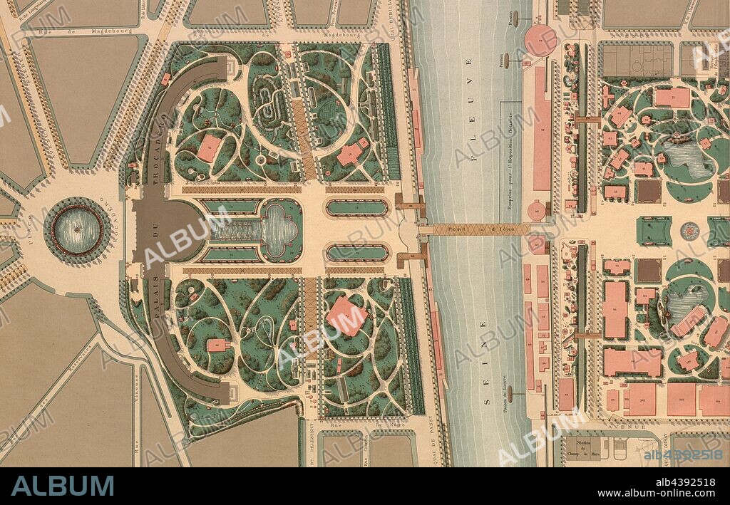 Map of Trocadero and the Champs de Mars 1, Plan of the Tocadéro Palace and of the Champs de Mars from the 19th century, signed: J. Rothschild, éditeur, Lemercier, imp, J. Coin, Lith et Mce Perrin, sc, Lemercier, imp, J, Coin, Lith. Et Mce, Pl. 2, p. 11, Rothschild, J. (ed.); Lemercier (imp.), Coin, J. (lith.); Perrin, Mce. (sc.), 1889, Adolphe Jean Charles: Exposition Universelle Internationale de 1889 à Paris: monographie: Palais - jardins - construction diverses - installations générales. Vol. 2. Paris: J. Rothschild, 1892.