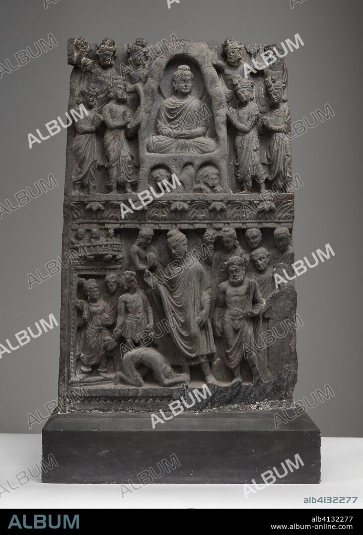 Buddha Shakyamuni Meditating in the Indrashala Cave [top] and Buddha Dipankara [bottom]. Present-day Pakistan; Ancient region of Gandhara. Date: 101 AD-300 AD. Dimensions: 60 × 37.1 × 7.3 cm (23 5/8 × 14 5/8 × 2 7/8 in.). Schist. Origin: Gandhara.