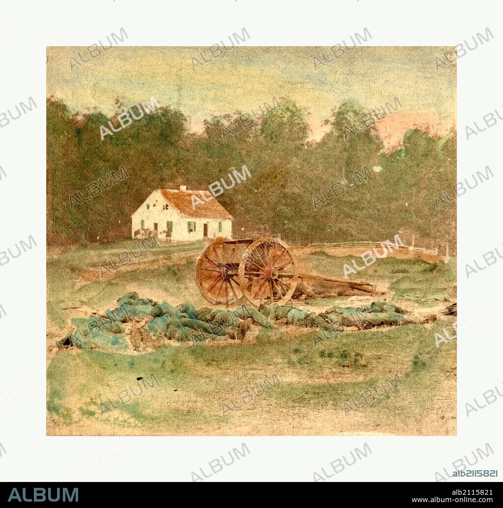 American Civil War: Dunkers (i.e. Dunker) Church, battle field of Antietam. After battle, how dead were laid out. Photo, albumen print, By Alexander Gardner, 1821 1882, Scottish photographer who emigrated to the United States in 1856. From Gardner Photographic Art Gallery, Seventh Street, Washington.