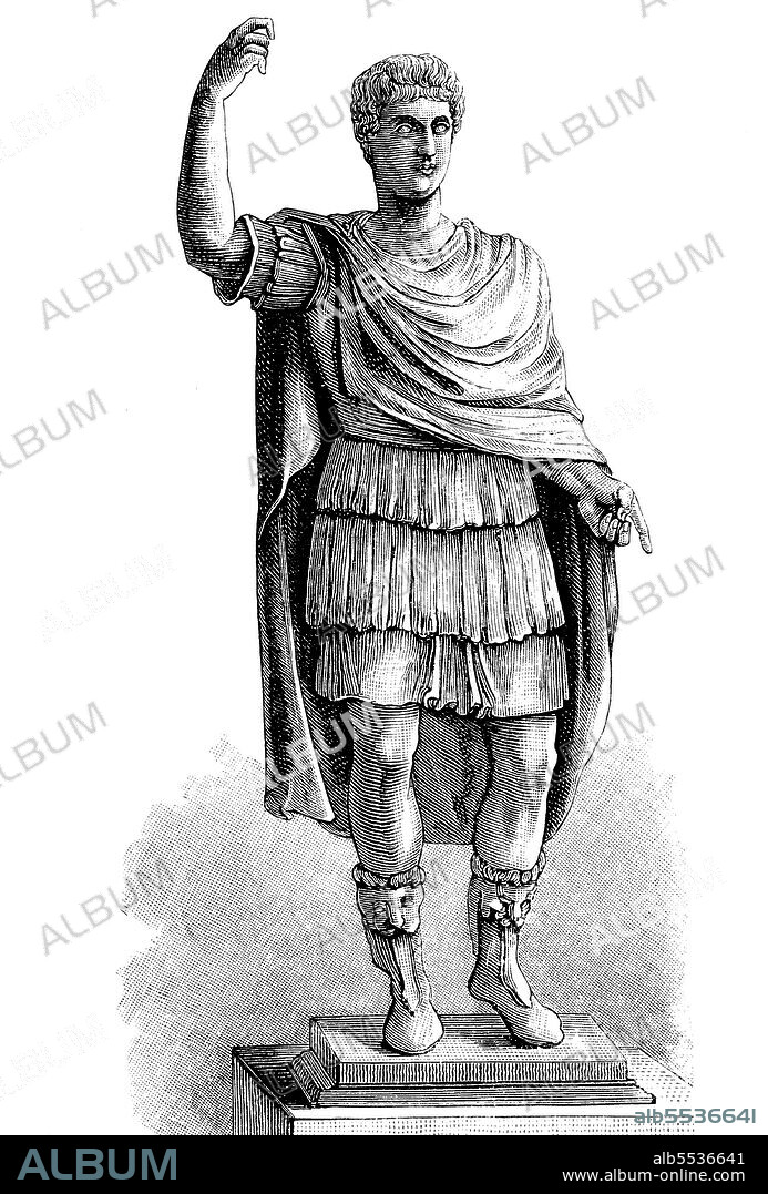 Gaius Caesar Augustus Germanicus, August 31, 12 - January 24, 41, posthumously known as Caligula, was Roman emperor from 37 to 41, illustration from 1880 based on a statue in the Museum of Naples.