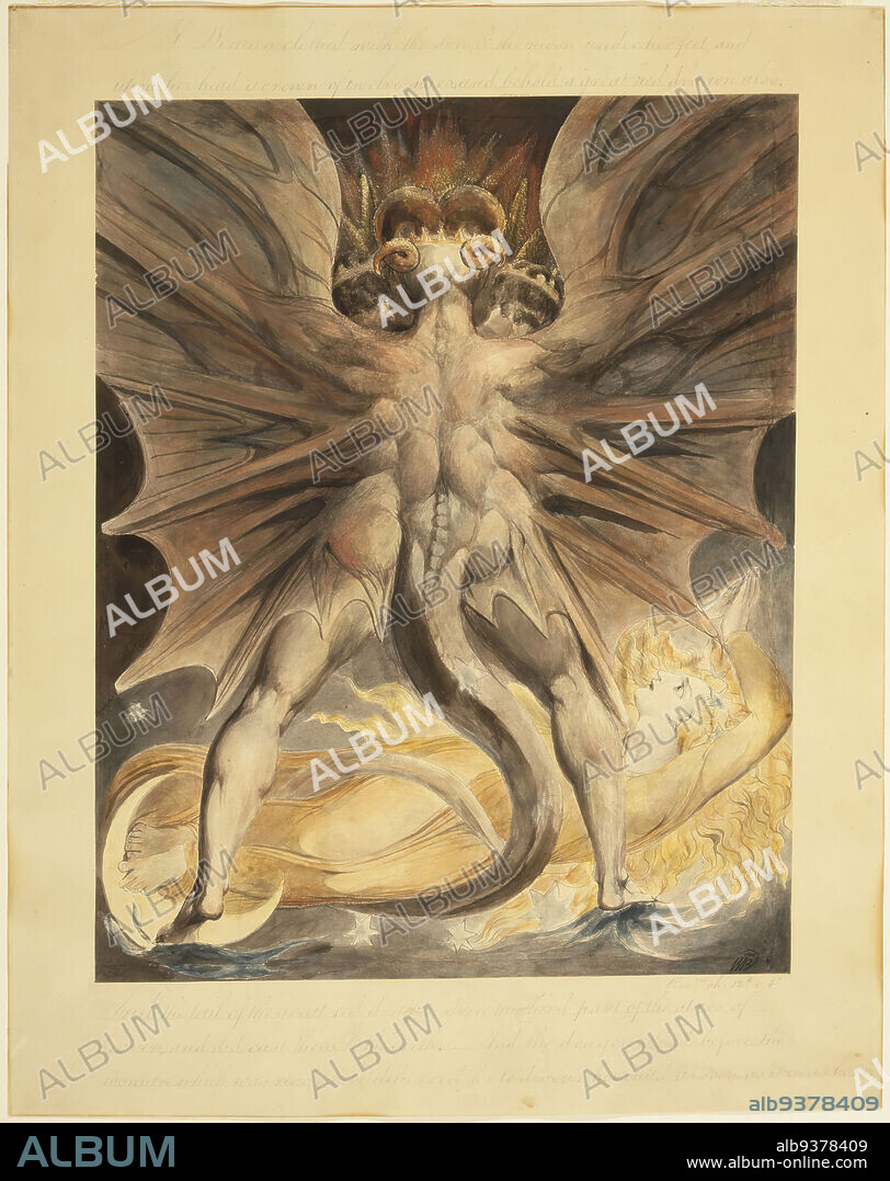 The Great Red Dragon and the Woman Clothed with the Sun, Rev. 12: 1-4, William Blake, British, 1757-1827, Black ink and watercolor over traces of graphite and incised lines on wove paper, England, ca. 1803-1805, Image: 17 3/16 x 13 11/16 in., 43.7 x 34.8 cm, apocalypse, blake, Book of Revelation, british, Christianity, crown, demon, end time, eschatology, female figure, Good and Evil, Great Red Dragon, Hannibal Lecter, horns, John, monster, musculature, prophecy, Religion, Revelations, Satan, scary, symbolic, symbolism, tail, Thomas Harris, vision, wings.