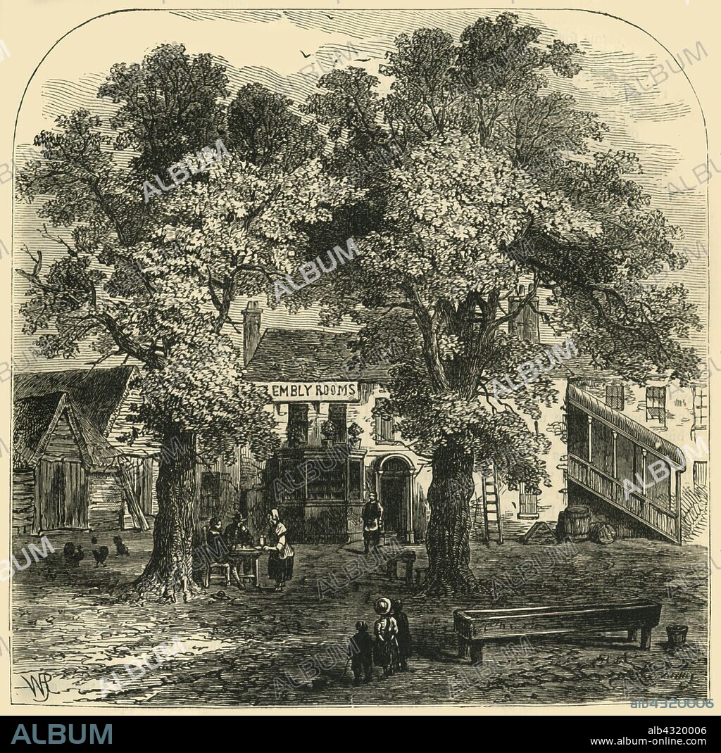'The Assembly Rooms, Kentish Town, 1750,  (c1856). Travellers would assemble and travel in large groups for protection against highwaymen. The building was boarded up in 1896 prior to demolition. From "Old and New London: A Narrative of Its History, Its People, and Its Places. The Western and Northern Studies", by Edward Walford. [Cassell, Petter, Galpin & Co., London, Paris & New York].