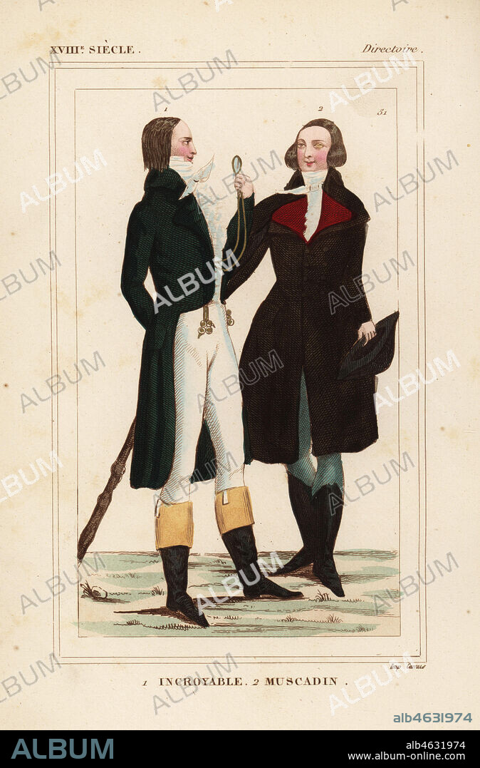 Incroyable and Muscadin, fashionable French men of the Directory era, 1796. The Incroyable holds a monocle and cudgel and wears two watches from his belt. The Muscadin wears a brown redingote, white cravatte and grey culottes. Handcoloured lithograph from Le Bibliophile Jacob aka Paul Lacroix's Costumes Historiques de la France (Historical Costumes of France), Administration de Librairie, Paris, 1852.