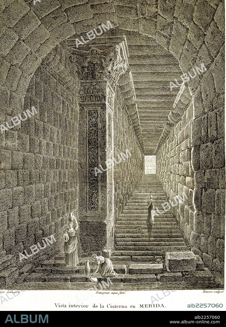 BADAJOZ. MERIDA. CISTERNA ROMANA , VISTA INTERIOR. DIBUJO DE LIGER. GRABADO DEL SIGLO XIX. ARTE ROMANO.