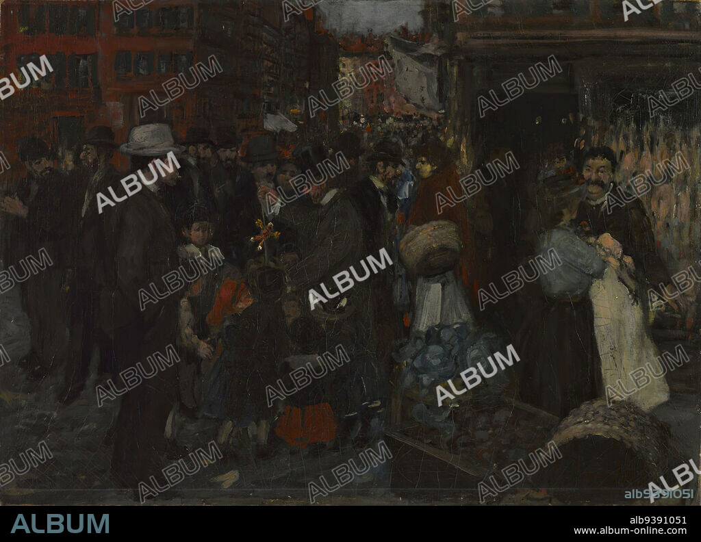 Street Scene, Hester Street, George Benjamin Luks, American, 1867-1933, Oil on canvas, 1905, 25 13/16 x 35 7/8 in., 65.5 x 91.1 cm, American Realism, Americana, Ash Can School, ashcan, Basket, blue, Buildings, Busy, Children, colorful, commerce, Crowds, daily life, historic lower east side, historic New York City, immigrant, Immigration, Jewish history, lower east side, Manhattan, Market, melting pot, old New York, painting, People, red, shopping, storefronts, Street Scene, The Eight, urban, urban scene.