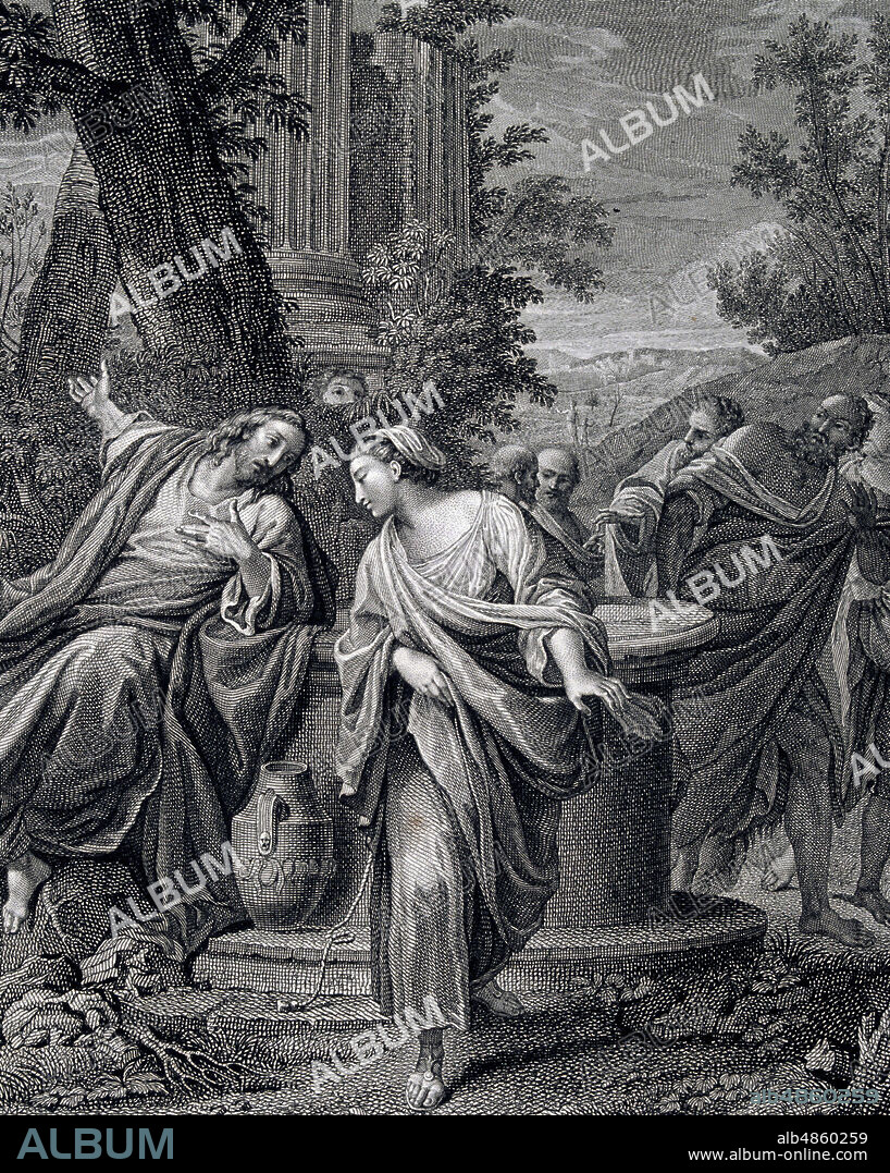 JESUCRISTO . EL MESIAS PARA LOS CRISTIANOS. " LA SAMARITANA ". GRABADO DE R.DELAUNAY DE UN DIBUJO DE ANIBAL CARRACHE. BIBLIOTECA NACIONAL.