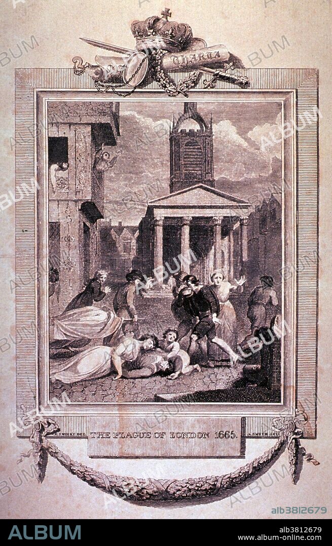 Engraving by R. Smirke showing a street scene showing plague victims, published August 21st, 1790. The Great Plague (1665-66) was the last major epidemic of the bubonic plague to occur in the Kingdom of England (part of modern day United Kingdom). Plague doctors traversed the streets diagnosing victims, although many of them had no formal medical training. Several public health efforts were attempted. Physicians were hired by city officials and burial details were carefully organized, but panic spread through the city and, out of the fear of contagion, people were hastily buried in overcrowded pits. The means of transmission of the disease were not known but thinking they might be linked to the animals, the City Corporation ordered a cull of dogs and cats. Thinking bad air was involved in transmission, the authorities ordered giant bonfires to be burned in the streets and house fires to be kept burning night and day, in hopes that the air would be cleansed. The Great Plague killed an estimated 100,000 people.