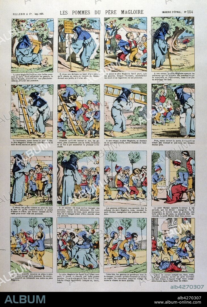 Les pommes du pere magloire, a series of 'Epinal images created by Imagerie Pellerin, France 1860. Jean-Charles Pellerin (1756-1836), French draftsman, illustrator and printer. He is famous for the images of epinal which he composed since the Revolution and which he printed himself from 1800. Succeeding his father, he took in 1773 the direction of the "Factory of Pellerin" 3. From 1796, he expanded his activity and created the "Imagerie Pellerin". As early as 1800, he started a small business, a real imaginary industry, which later became known as Imagerie d'epinal. Charles Nicolas Pellerin (1827-1887), his grandson, launched the collection of "constructions": cardboard models to cut and assemble - an aspect of the production of the little-known Imagerie d'Epinal.