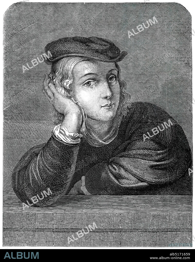 Raphael at the age of 15 - painted by himself - from the Louvre Gallery, 1845. 'Portrait of a Young Man', (formerly thought to be a self-portrait of Raphael), engraving after a painting by Parmigianino, made c1528-30. 'This superb Portrait of Raphael at 15 years of age, has lately been added to the Gallery of the Louvre, at Paris: its size is about 22 inchss by 17'.From "Illustrated London News", 1845, Vol VII.
