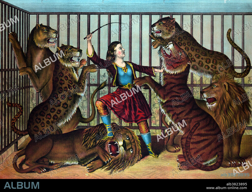 Entitled: The lion queen. Showing a woman lion-tamer in a cage with several lions and tigers. Lion taming is the taming and training of lions, either for protection, or more commonly, entertainment, particularly in the circus. A circus is a company of performers that may include clowns, acrobats, trained animals, trapeze acts, musicians, hoopers, tightrope walkers, jugglers, unicyclists and other object manipulation and stunt-oriented artists. The traditional large tents, commonly known as Big Tops were introduced in the mid 19th century as touring circuses superseded static venues. These tents eventually became the most common venue and remain so to the present day. Published by Gibson and Company, 1874.