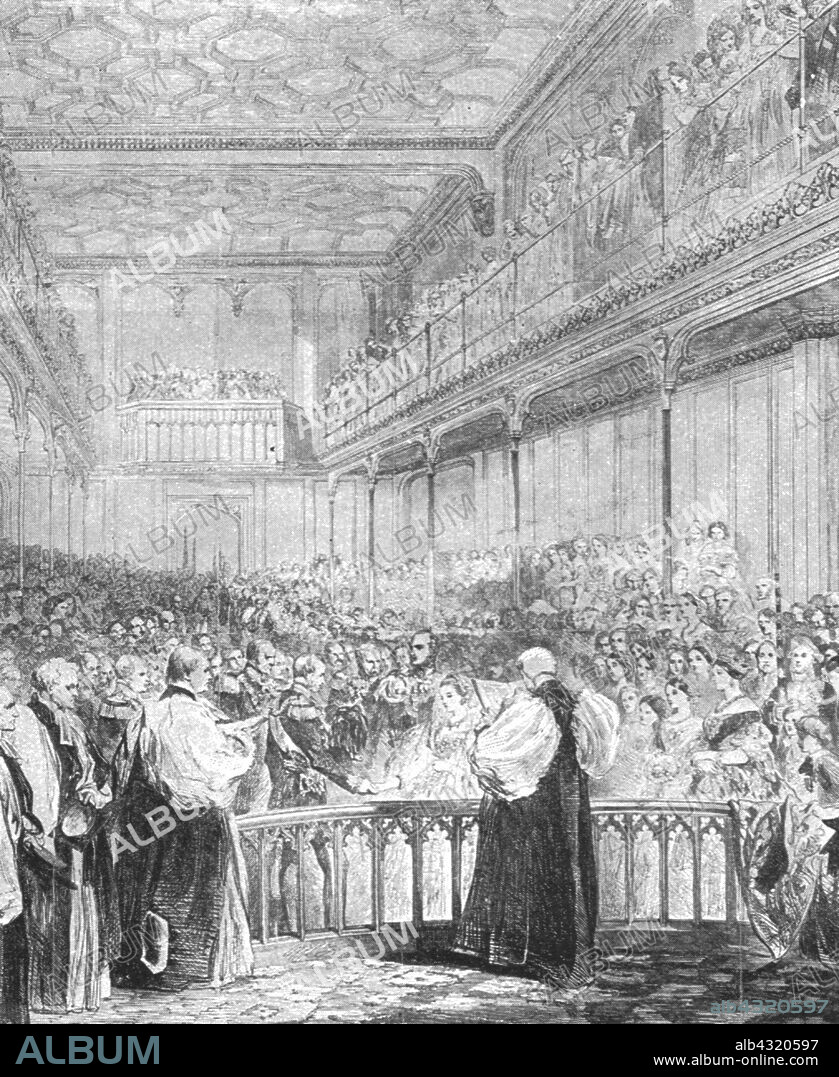 'The Marriage of Princess Royal with Prince Frederick William of Prussia in the Chapel Royal, St. James's, January 25, 1858', (1901). Victoria, Princess Royal (1840-1901), daughter of Queen Victoria, married Prince Friedrich Wilhelm (1831-1888, future Emperor Frederick III of Germany ane King of Prussia) at the Chapel Royal, St James's Palace, London. From "The Illustrated London News Record of the Glorious Reign of Queen Victoria 1837-1901: The Life and Accession of King Edward VII. and the Life of Queen Alexandra". [London, 1901].