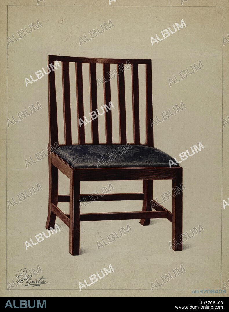FERDINAND CARTIER. Side Chair. Dated: 1937. Dimensions: overall: 29 x 22.5 cm (11 7/16 x 8 7/8 in.)  Original IAD Object: 36 3/4"high, 22 1/4"wide, 16 3/4"deep.  Seat 17"high. Medium: watercolor, colored pencil, and graphite on paperboard.