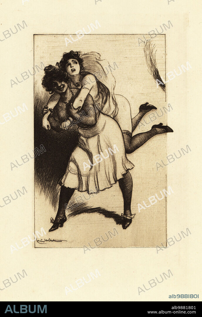 A black slave hoists a half-naked white woman for a birching. Possibly from the Victorian spanking novel The Memoirs of Dolly Morton about the Underground Railroad by Hugues Rebell (George Grassal), published by Charles Carrington in 1899. Photogravure after an illustration by Louis Malteste from Jacques dIcys Qui Aime Bien ou la flagellation dans la vie moderne, Jean Fort, Paris, 1912.