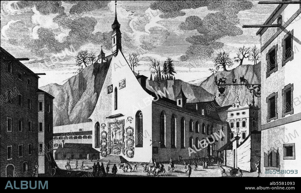 Salzburg (österreich), Blasiuskirche. (ehem. Bürgerspitalskirche; geweiht 1350). Außenansicht. Kupferstich, um 1750, von Franz Anton Danreiter (gest. 1760).