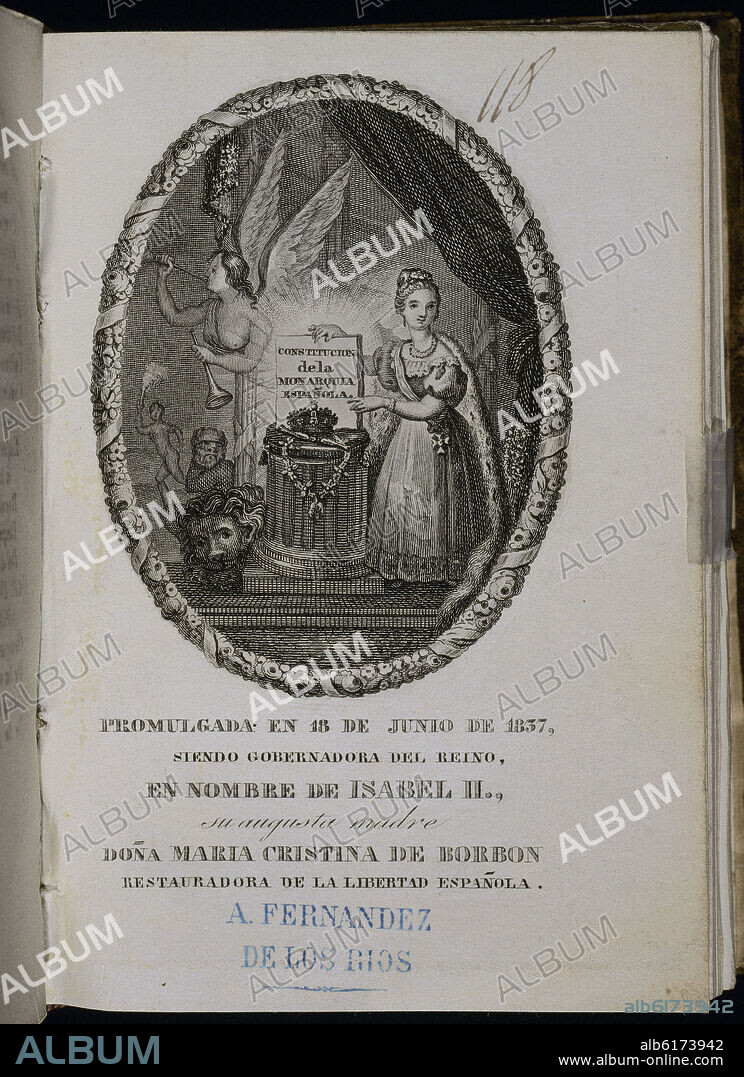 CONSTITUCION DE LA MONARQUIA ESPAÑOLA PROMULGADA EN MADRID EL 18 DE JUNIO DE 1837. ALEGORIA A LA CONSTITUCION,ISABEL II NIÑA SOSTIENE LA.