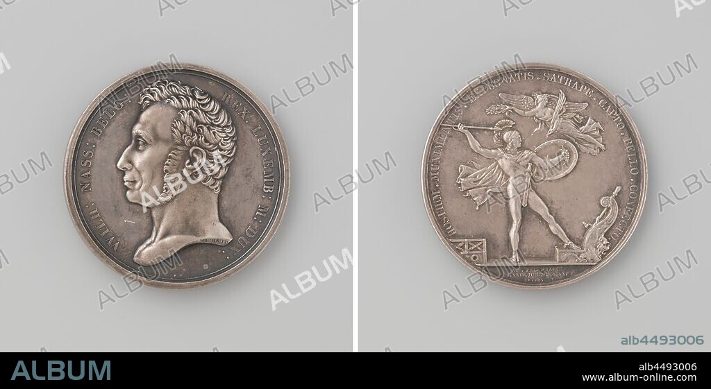 Conquest of Palembang, in honor of William I Frederik, King of the Netherlands, Silver Medal. Front: man's bust inside the inside. Reverse: almost naked Greek warrior with helmet, spear and shield stands with a foot on the bow of an antique ship, above it, winged Victory keeps him laurel wreath above head, while in other hand she carries palm branch within an inscription, cut off: inscription., Palembang (city), Willem I Frederik (king of the Netherlands), Hendrik Merkus baron de Kock, Auguste Francois Michaut, Brussels, 1821, silver (metal), striking (metalworking), d 4.1 cm × w 33.54 gr.