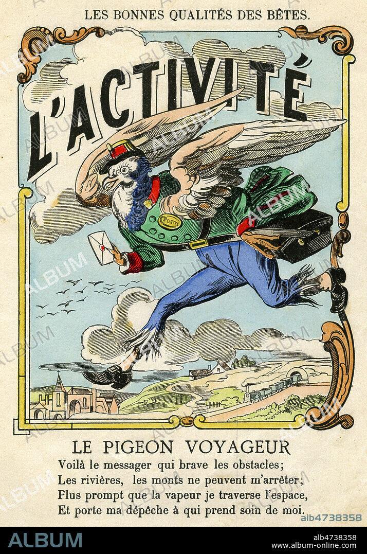 L'activite. Le pigeon voyageur. Illustration de 1876 par Camille GILBERT (ne en 1838) pour Les bonnes qualites des betes pour l'Imagerie Pellerin a Epinal. Credit : Coll. Jonas/KHARBINE-TAPABOR.