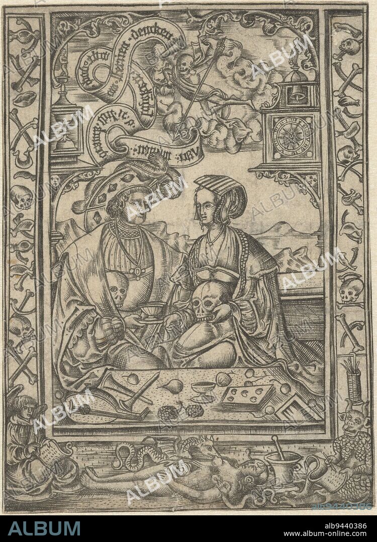 Lord and lady seated, holding skulls and a cup, surrounded by vanitas symbols Death with banding in air Around representation border with bones, dead body and angel and devil, Vanitas Lord and lady with skull, print maker: Monogrammist XXX met L, (attributed to), Low Countries, 1550 - 1570, paper, engraving, h 116 mm × w 85 mm.