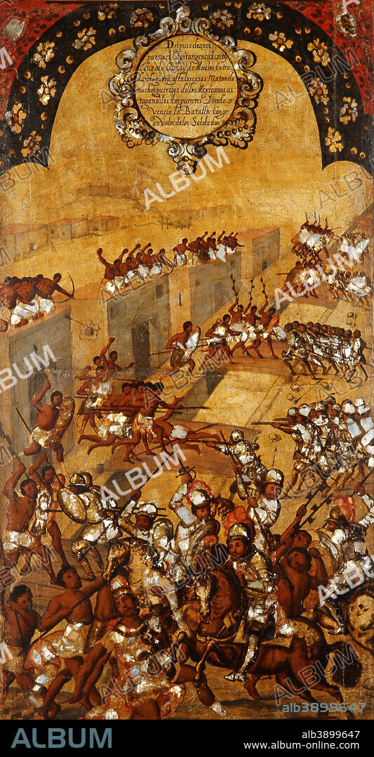 MIGUEL GONZALES. La Conquista de México. Tabla XX. Date/Period: Last quarter XVII century. Painting. Height: 1,000 mm (39.37 in); Width: 520 mm (20.47 in).