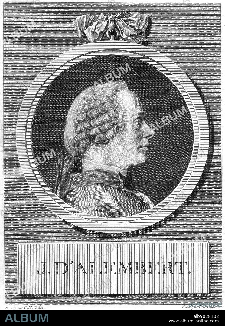 Jean le Rond D'Alembert (1717-1783) French philosopher, mathematician and encyclopedist. [18th century]. Collaborated with Denis Diderot (1713-1784) on the 'Encyclopedie' of which he was scientific editor until 1758 and for which he wrote the 'Discours Preliminaire' declaring the philosophy of the French Enlightenment. Engraving by LJ Cathelin (1738-1804) after CN Cochin (1715-1790).
