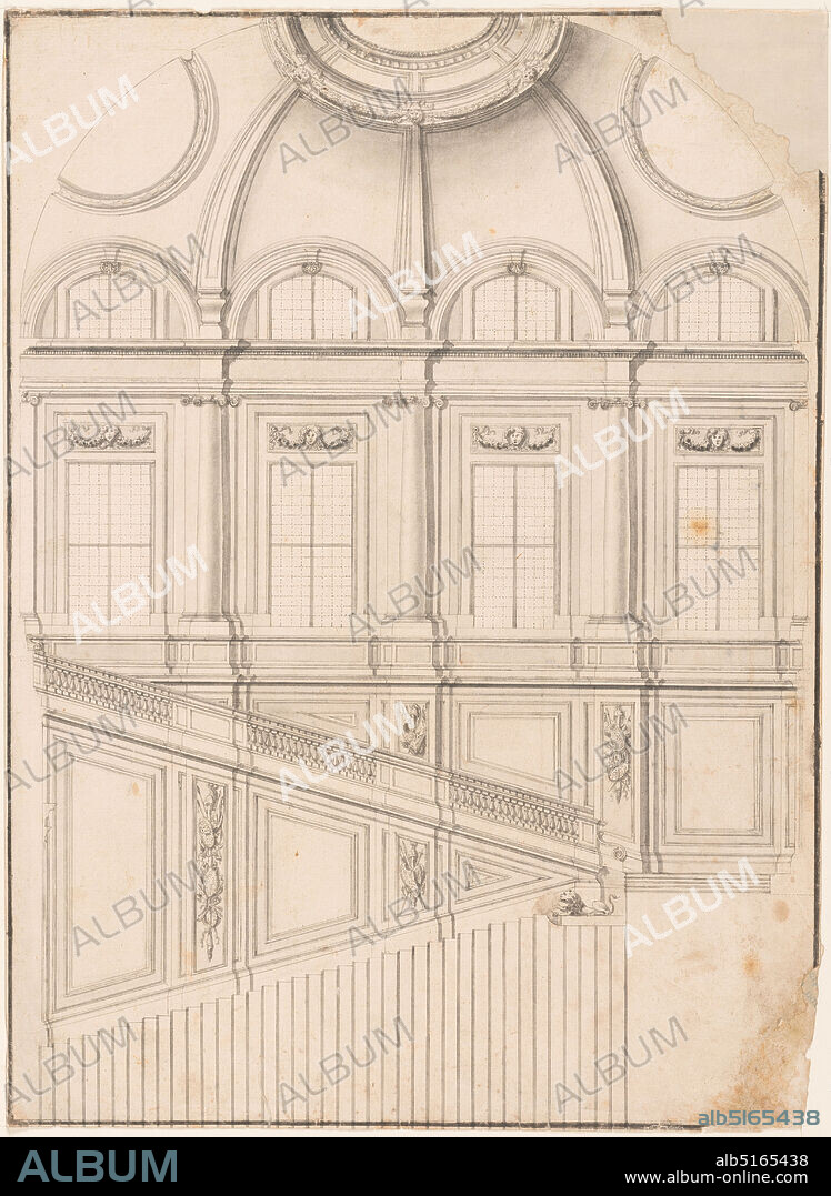 Design for the Grand Staircase at the Royal Palace of Caserta, Italy, Pen and black ink, brush and gray wash, graphite on laid paper; verso: graphite, Section and half of the lowest flight of the stair shown in bird's eye view. The plan is an ovoid. Over the top flight are windows separated by groups of pilasters and columns. Over the entablature are windows in half-circles, at the bottom of a dome. Trophies of arms and girls' heads with festoons, respectively, decorate panels. Framing stripe. Verso, horizontally: The beginning of the right half is shown. Arched doorway corresponding to the ground and mezzanine floors. A loggia is in the floor. Pedestals before the wall panel are intended to carry statues. One order of the pilasters is shown in the top part, each bay containing a window of the third and fourth floors. A loggia is in the center, its framing architrave being built in a niche, the conch of which is visible over it. At bottom: two scales., Italy, 175156, architecture, interiors, Drawing, Drawing.