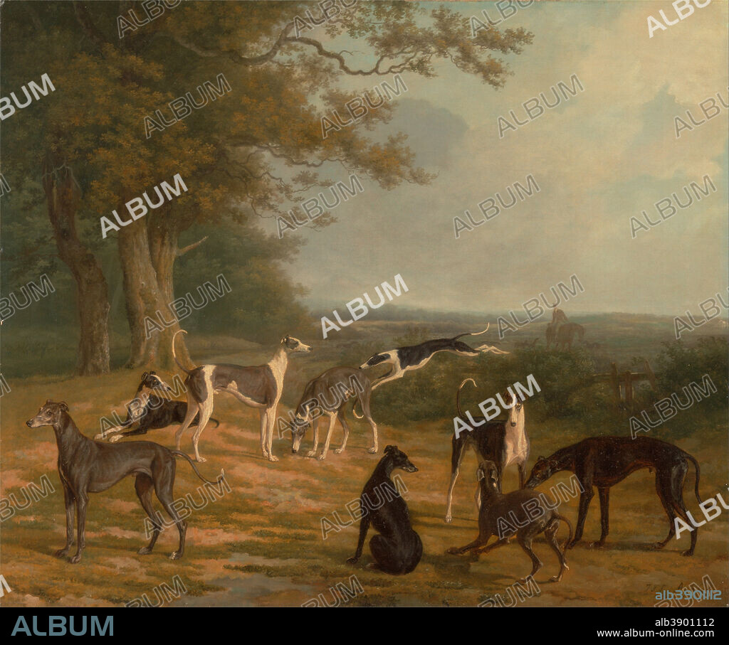 JACQUES-LAURENT AGASSE. Nine Greyhounds in a Landscape. Date/Period: Ca. 1807. Painting. Oil on canvas. Height: 637 mm (25.07 in); Width: 759 mm (29.88 in).