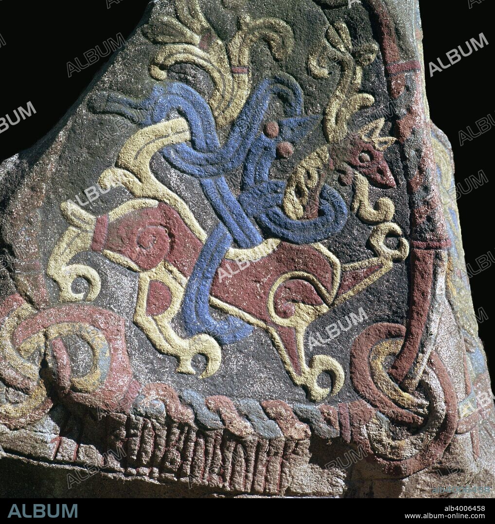 Detail of the great runestone of Harald Bluetooth, King of Denmark, made at Jelling in Denmark. The photo is of a cast, coloured as the original was, from the National Museum's collection in Copenhagen, 10th century.
