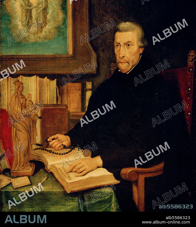 Canisius, Petrus; erster deutscher Jesuit (heiliggesprochen); Nimwegen 8.5.1521 - Freiburg (Schweiz) 21.12.1597. Porträt des Petrus Canisius am Schreibtisch. Niederlande, erste Hälfte des 17. Jahrhunderts. Öl auf Eichenholz, 36,5 × 30 cm. Privatbesitz.