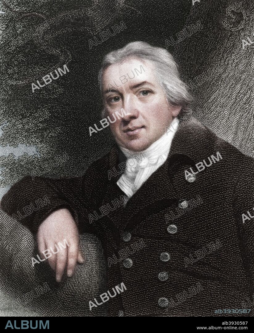 Edward Jenner, English physician, 1837. Edward Jenner (1749-1823) practiced as a country doctor in his native Gloucestershire. He noted immunity to smallpox was given by cow-pox. In 1796 he vaccinated James Phipps a number of times with pus from cow-pox pustules on a dairy maid. He then inoculated him with smallpox. The boy was ill for a few days, then recovered. From The Gallery of Portraits by Charles Knight. (London, 1837). (Colorised black and white print).