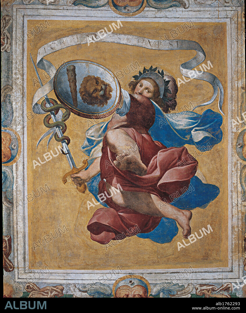 Decoration of Villa Visconti Borromeo Litta in Lainate, by Camillo Procaccini, 1587-1589 about, 16th Century, fresco,. Italy, Lombardy, Milan, Lainate, Villa Visconti Borromeo Litta, 16C palace. Detail. Interior Villa Litta decoration allegory of the fortitude sword snake lion club cartouche yellow red blue.