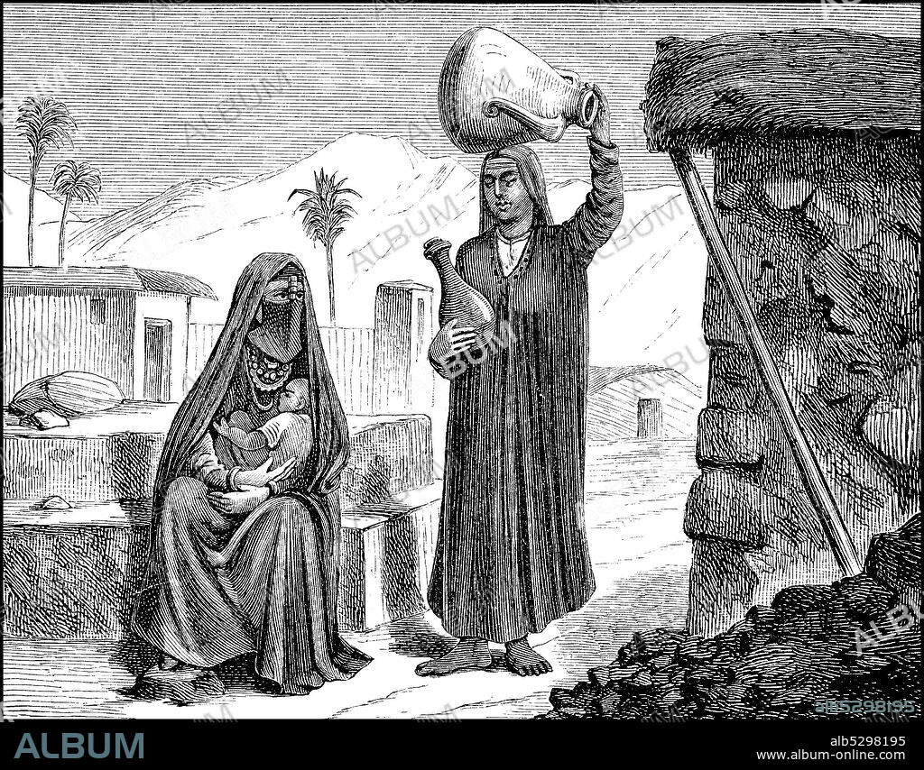 Fellah women fellahin, Egypt, women in the 19th century  /  Fellah Frauen, Fellachen, Ägypten, Frauen im 19. Jahrhundert, Historisch, historical, digital improved reproduction of an original from the 19th century / digitale Reproduktion einer Originalvorlage aus dem 19. Jahrhundert.