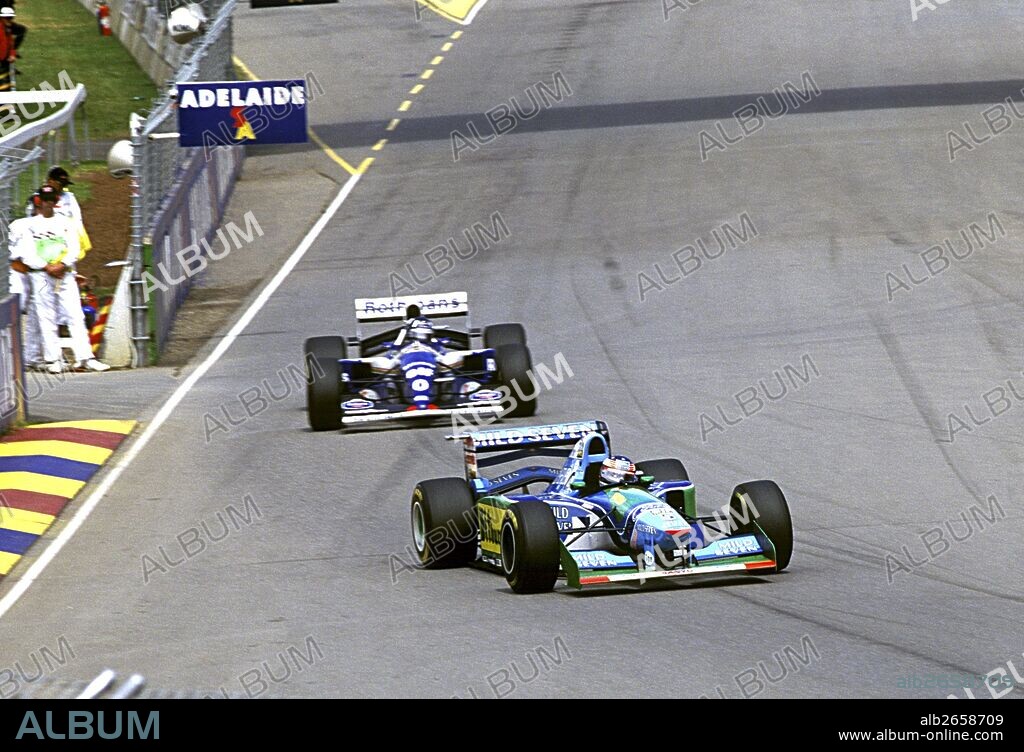 Michael Schumacher in a Benetton B194 and Damon Hill in a Williams before their collision left Schumacher World Champion and denied Hill the title. Australian GP, Adelaide, Australia 13 Nov 1994.