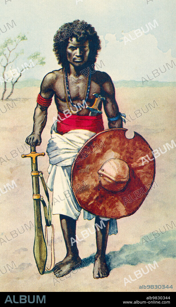 A member of the Hadendoa or Hadendowa tribe. These Beja people gained the the name Fuzzy-Wuzzy, among British troops during the Mahdist War, due to their elaborately styled hair. From a contemporary print, c.1935.