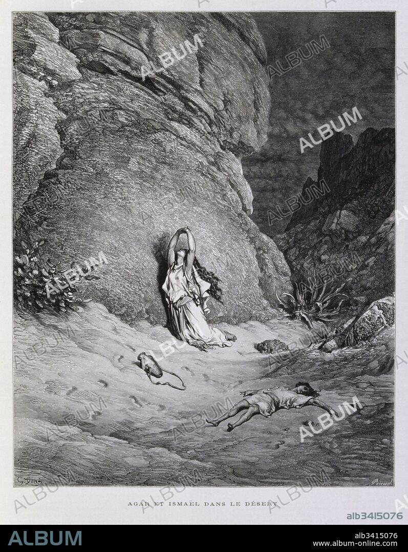 Engraving by Gustave Doré (1832-1883); Hagar and Ishmael suffer in the desert after their banishment by Abraham. Engraving by Gustave Doré (1832-1883); Abraham and Isaac gather wood for the sacrifice.