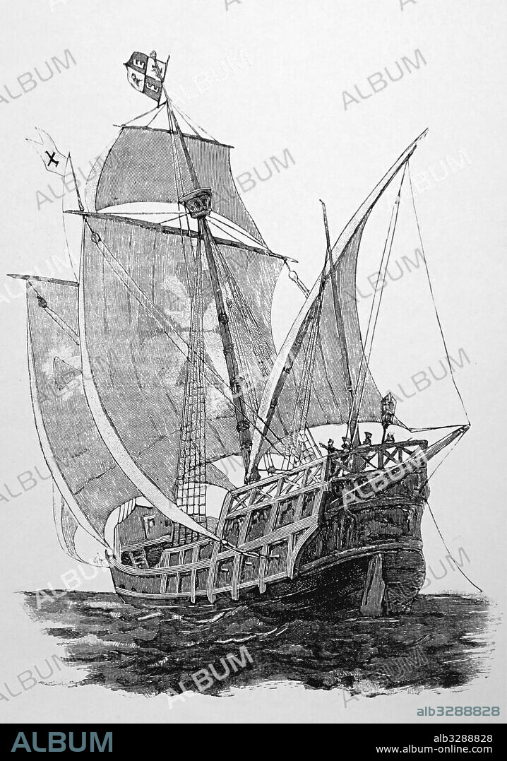 Engraving print of a Caravel, a small, highly manoeuvrable sailing ship developed in the 15th Century by the Portuguese to explore along the West African coast and into the Atlantic Ocean. Dated 15th Century.
