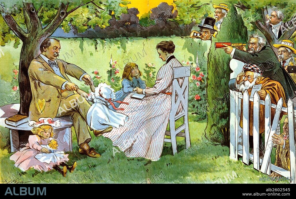 He keeps them worried' Former president Grover Cleveland and his wife Frances playing with their children, Ruth, Esther, and Marion, in the backyard of their residence, and several men labelled "Morgan, Daniel, Pugh, Faulkner, Vest, Dana, and Gorman" spying on them from behind a fence, bushes, and over a hedge.