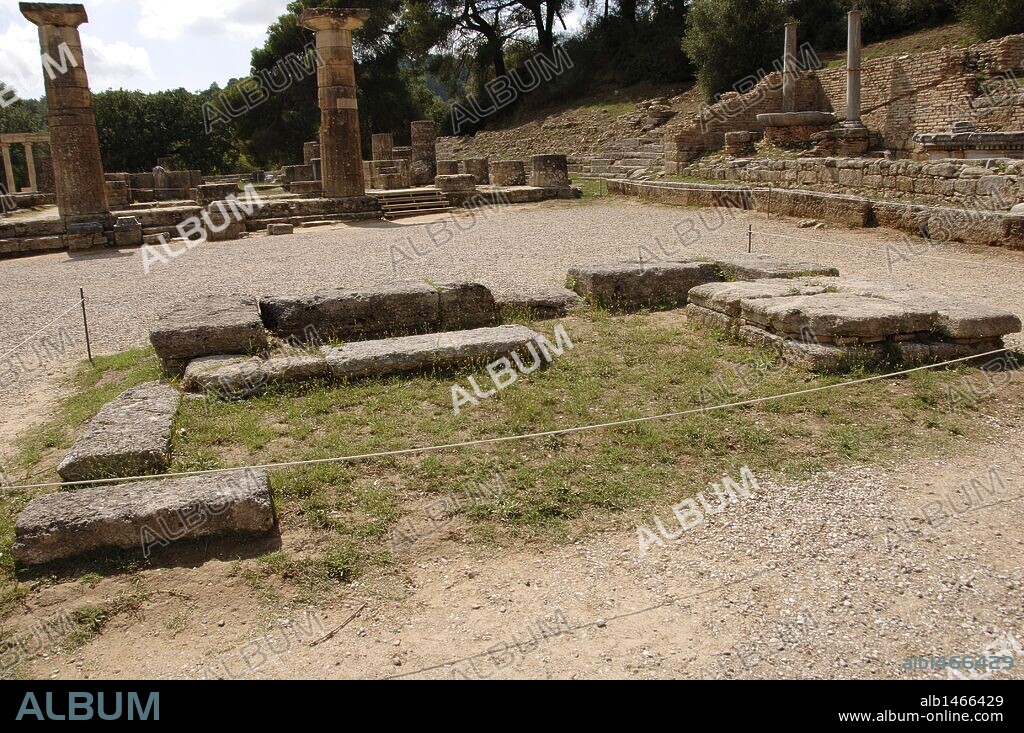 Olympia. Temple of Hera. It was built aound 600 BC. View of the altar. The torch of the Olympic flame is lit in its ruins since 1936. Elis region, Peloponnese, Greece.